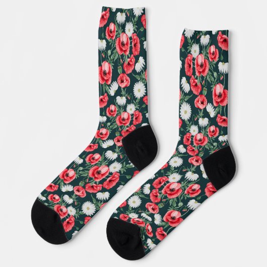 Rote Mohnblumen auf dunkelgrün Socken (Linkes Detail)