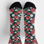 Rote Mohnblumen auf dunkelgrün Socken (Oben)