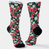 Rote Mohnblumen auf dunkelgrün Socken (Gewinkelt)