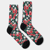 Rote Mohnblumen auf dunkelgrün Socken (Rechts)