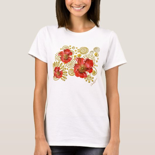 Rote Mohnblumen auf GoldSpiralen T-Shirt (Vorderseite)