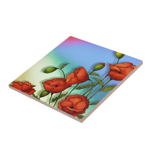 Rote Mohnblumen auf Mehrfarbenhintergrund: Kunst Fliese (Seite)