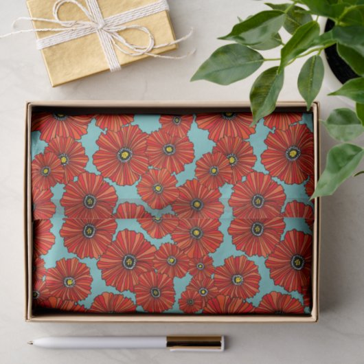 rote Mohnblumen auf staubigem TürkisSeidenpapier Seidenpapier (Geschenk)