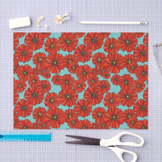 rote Mohnblumen auf staubigem TürkisSeidenpapier Seidenpapier (Handwerk)
