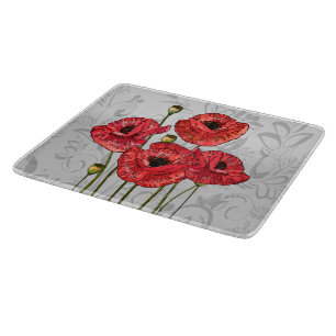 Rote Mohnblumen auf wunderlichem grauem Blumen Schneidebrett