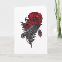 Rote Mohnblumen-Blumen-Botanik-Linienkunst-Grußkar