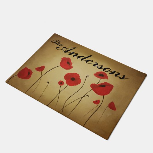 Rote Mohnblumen-Blumen malend mit Monogramm Fußmatte (Schrägansicht)