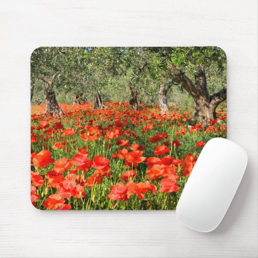 Rote Mohnblumen-Blumen unter alten Olivenbäumen Mousepad (Mit Mouse)