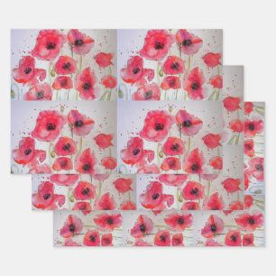 Rote Mohnblumen-Blumenmuster-Papier-Partyplatte Geschenkpapier Set
