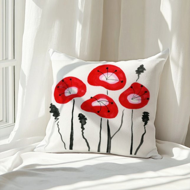 Rote Mohnblumen Boho Moderner Blumenmuster Kissen (Von Creator hochgeladen)