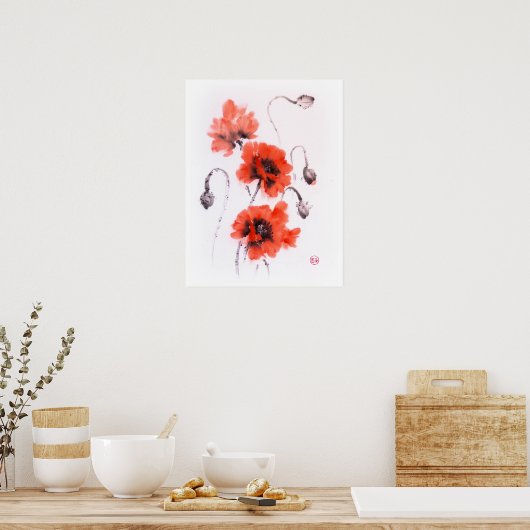 Rote Mohnblumen, Farbe und Aquarell Poster (Küche)