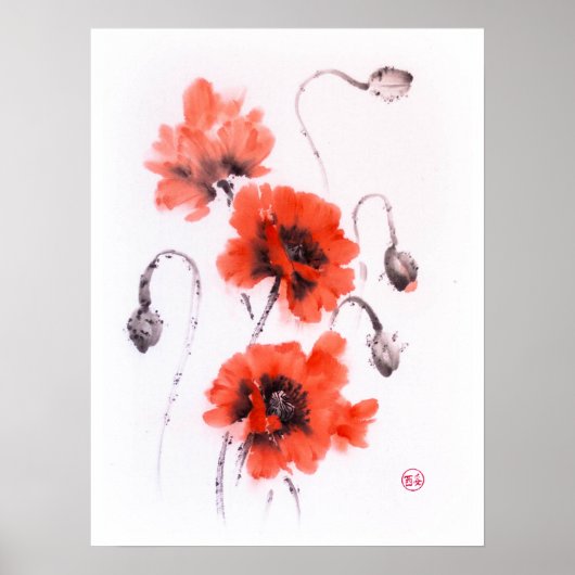 Rote Mohnblumen, Farbe und Aquarell Poster (Vorne)