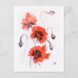 Rote Mohnblumen, Farbe und Aquarell Postkarte
