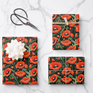 Rote Mohnblumen Florale Grünpflanzen Geburtstag Br Geschenkpapier Set