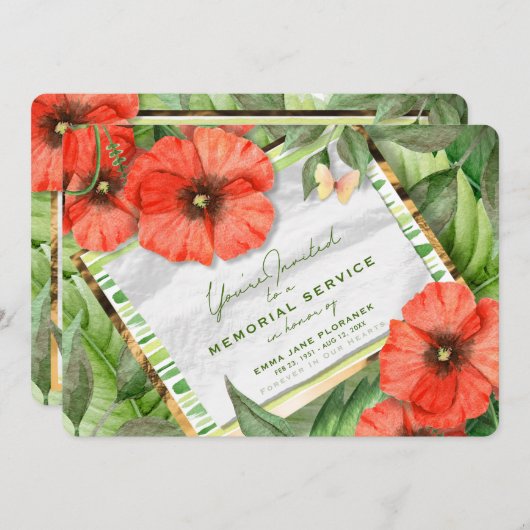 Rote Mohnblumen-Garten-Grüntöne-Erinnerungsservice Einladung (Vorne/Hinten)