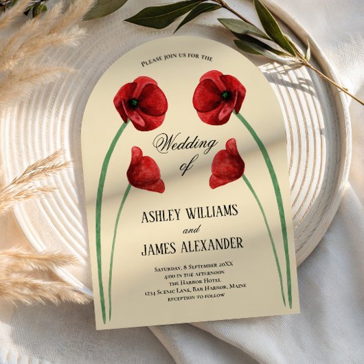 Rote Mohnblumen Hochzeit Moderner Blumenbogen Einladung