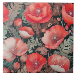 Rote Mohnblumen im Vintage-Stil Fliese