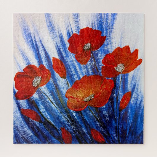 Rote Mohnblumen in blauem Gras Puzzle (Vertikal)