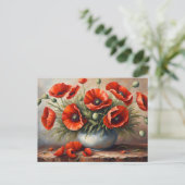 Rote Mohnblumen in blauer Vase Postkarte (Stehend Vorderseite)
