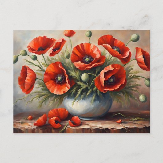 Rote Mohnblumen in blauer Vase Postkarte (Vorderseite)