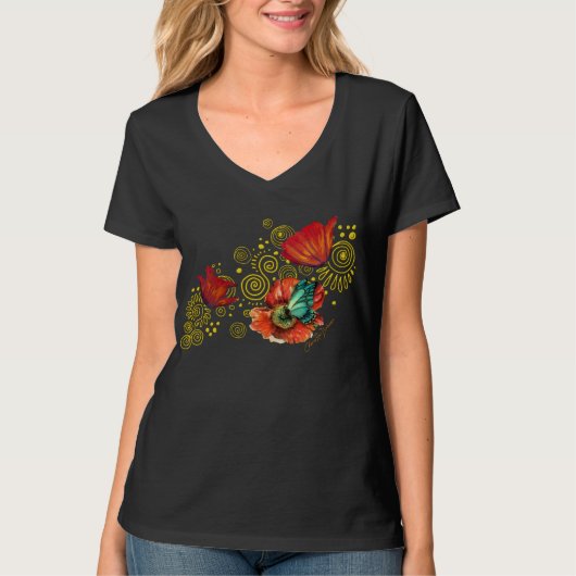 Rote Mohnblumen mit blauem Schmetterling T-Shirt (Vorderseite)