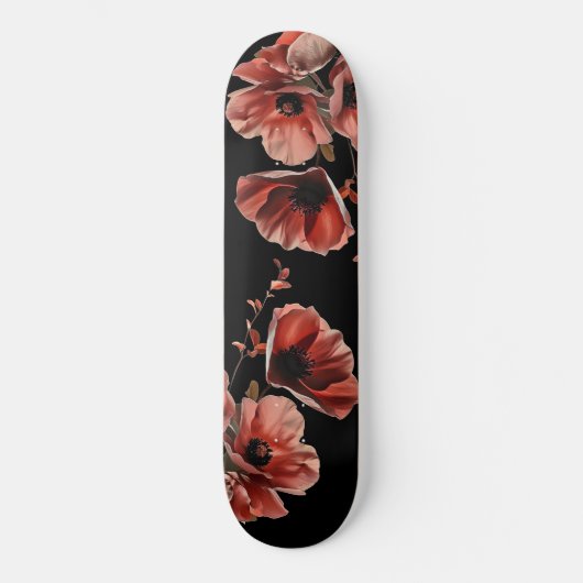 Rote Mohnblumen Schwarz Skateboard (Vorderseite)