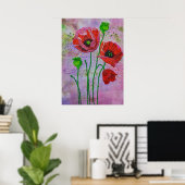 Rote Mohnblumen Textilkunst Druck | Farbenfroh Poster (Heimbüro)