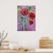 Rote Mohnblumen Textilkunst Druck | Farbenfroh Poster (Küche)