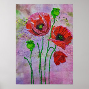 Rote Mohnblumen Textilkunst Druck Farbenfroh Poster