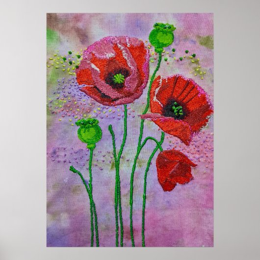 Rote Mohnblumen Textilkunst Druck | Farbenfroh Poster (Vorne)