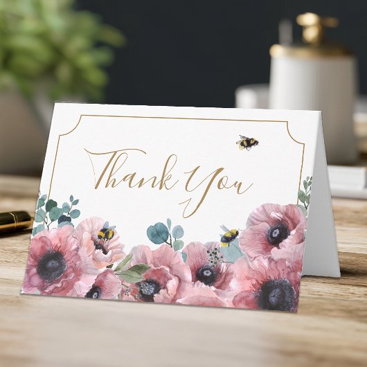 Rote Mohnblumen und Bienen Danke Karte