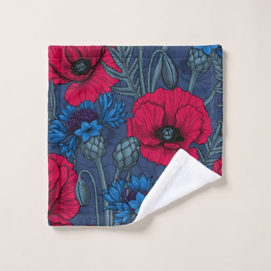 Rote Mohnblumen und blaue Maisblumen auf blau Badhandtuch Set (Waschlappen)