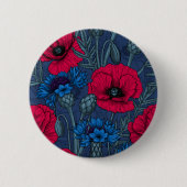 Rote Mohnblumen und blaue Maisblumen auf blau Button (Vorderseite)