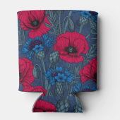 Rote Mohnblumen und blaue Maisblumen auf blau Dosenkühler (Rückseite)