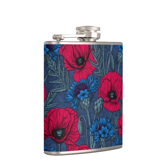 Rote Mohnblumen und blaue Maisblumen auf blau Flachmann (Rechts)