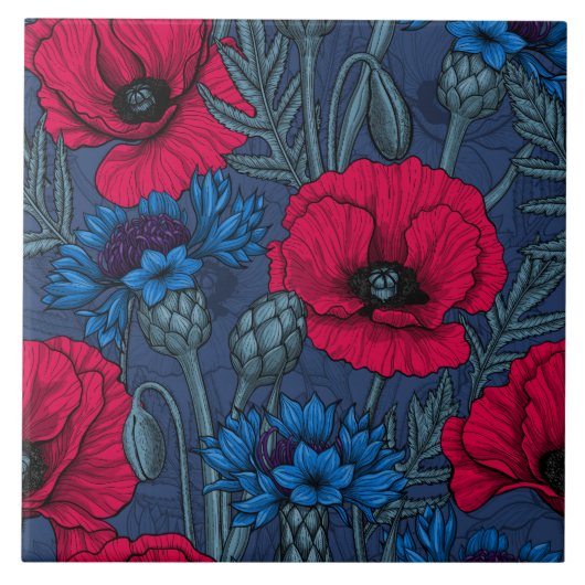Rote Mohnblumen und blaue Maisblumen auf blau Fliese (Vorderseite)