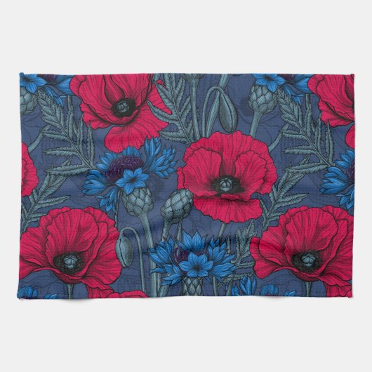 Rote Mohnblumen und blaue Maisblumen auf blau Geschirrtuch (Horizontal)