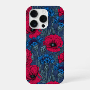 Rote Mohnblumen und blaue Maisblumen auf blau iPhone 16 Pro Hülle