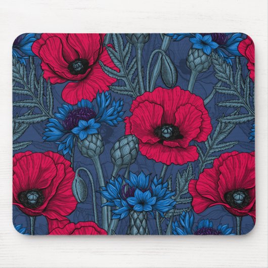 Rote Mohnblumen und blaue Maisblumen auf blau Mousepad (Vorne)