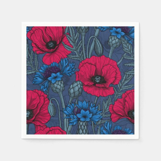 Rote Mohnblumen und blaue Maisblumen auf blau Serviette (Vorderseite)