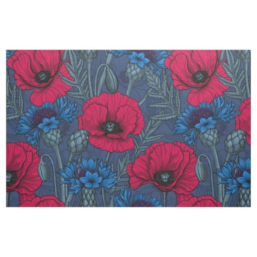 Rote Mohnblumen und blaue Maisblumen auf blau Stoff (Fat Quarter (45,7 x 55,9 cm))