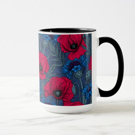 Rote Mohnblumen und blaue Maisblumen auf blau Tasse (Rechts)