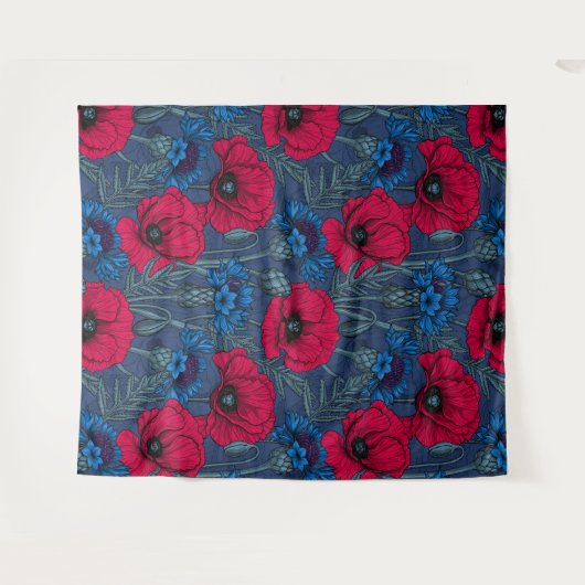Rote Mohnblumen und blaue Maisblumen auf blau Wandteppich (Vorderseite (Horizontal))