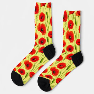 Rote Mohnblumen und grüne Stiele Socken
