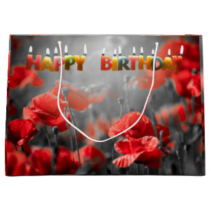 Rote Mohnblumen und Happy Birthday Kerzen Große Geschenktüte