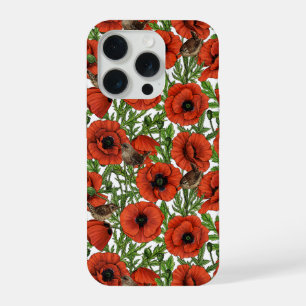 Rote Mohnblumen und Zaunkönige, grüne Blätter auf iPhone 15 Pro Hülle