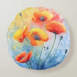 Rote Mohnblumen – Wasserfarben-Rund-Wurfkissen Rundes Kissen