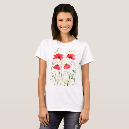 Rote Mohnblumen-Wildblumen Blume T-Shirt (Vorne ganz)