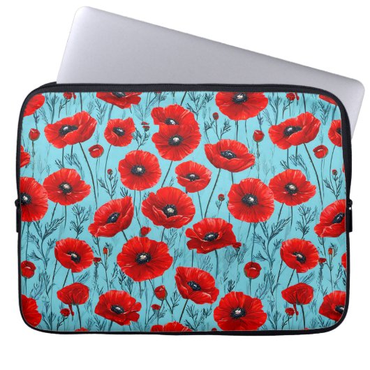 Rote Mohnblüten auf blauem Hintergrund Laptopschutzhülle (Vorderseite)