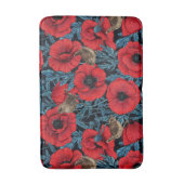 Rote Mohnblüten, blaue Blätter auf schwarz Badematte (Vorderseite Vertikal)